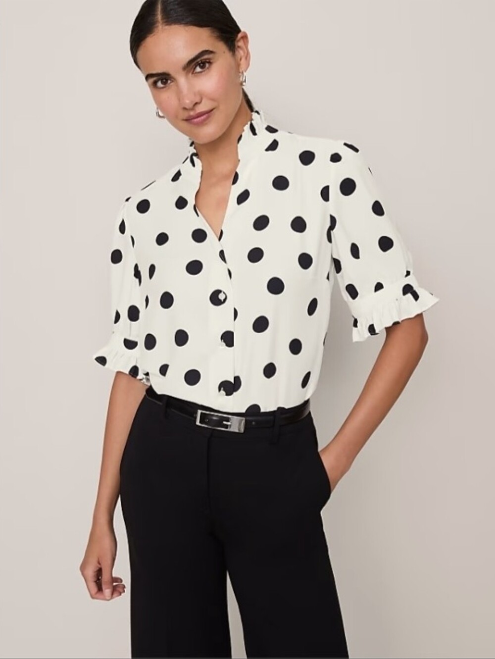 Ann Taylor White Polka Dot Ruffle Sleeve Blouse